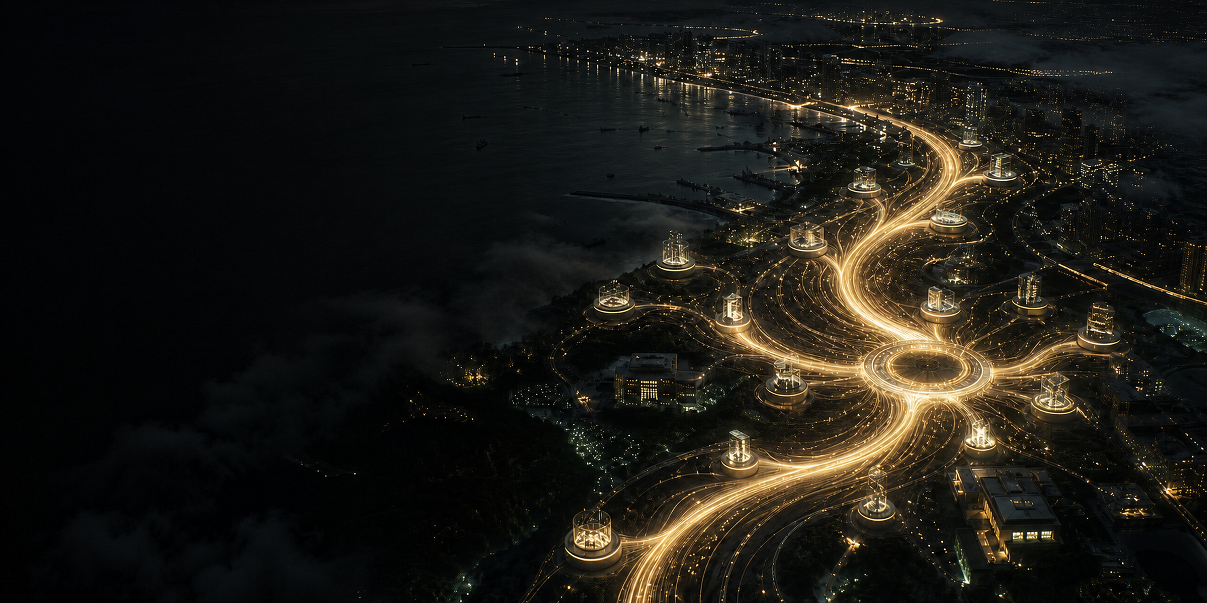 Golden operational pathways converging through a controlled vortex above a night-time Southeast Asian coastal city